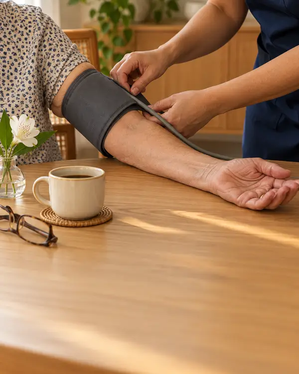 Profissional ajusta o aparelho de pressão no braço de uma senhora, à mesa de casa