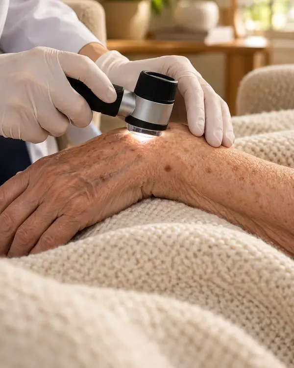 Dermatologista examina a pele da mão de uma senhora com dermatoscópio