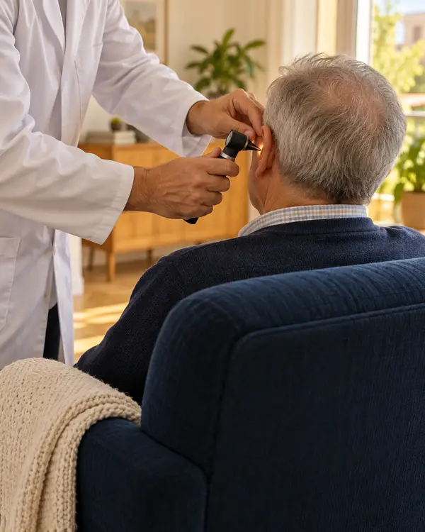 Médico examina o ouvido de um senhor com otoscópio na sala de casa