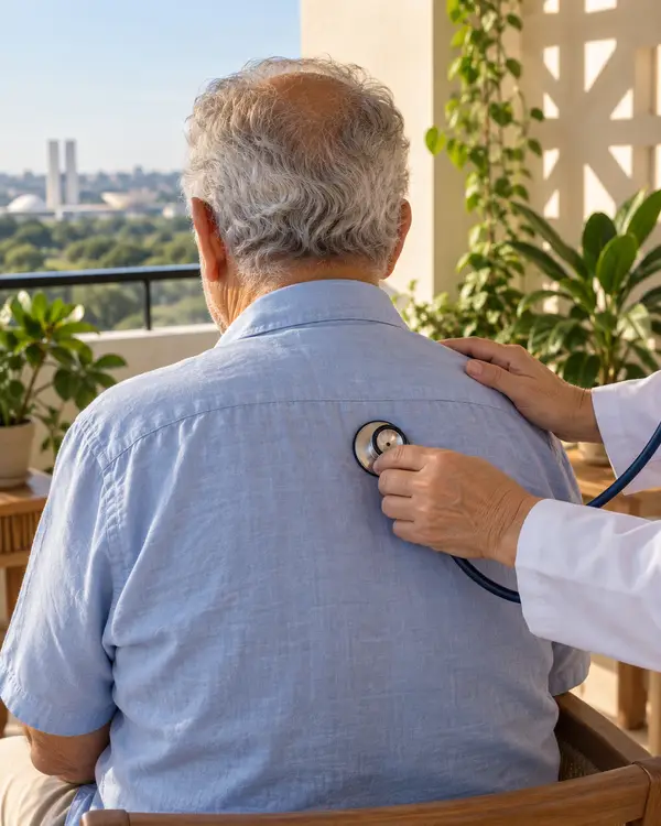 Médico ausculta as costas de um senhor com estetoscópio na varanda
